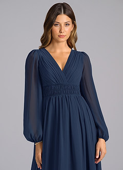 Azazie Palerma Robes de demoiselle d'honneur Robe Trapèze en Mousseline de soie Manche longue Bleu Marine Foncé image6
