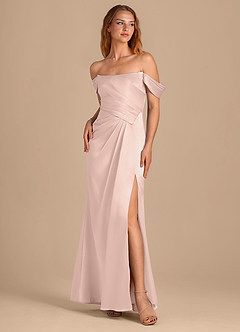 Azazie Shea Bridesmaid Dresses Blushing Pink Mermaid Off the Shoulder Metallic Satin Convertible Dress image1