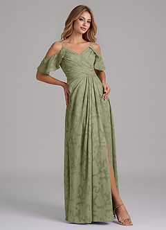 Azazie Dakota Bridesmaid Dresses Pistachio A-Line Off the Shoulder Floral Burnout Dress image5