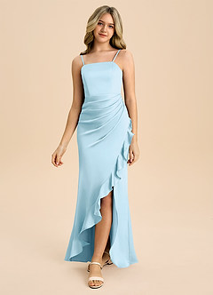 Azazie Buzzy Junior 쉬스 주름진 스트레치 새틴 플로어 길이 주니어 신부 들러리 드레스 image5