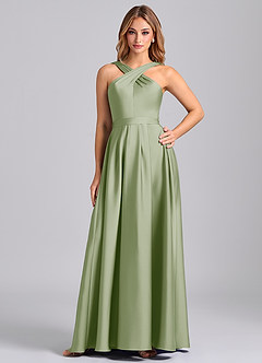 Azazie Dixie 신부 들러리 드레스 A라인 주름진 스트레치 새틴 바닥 길이 드레스 image1