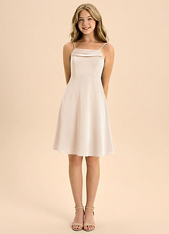 Azazie Anselie Junior Jurk van Stretch Satijn met A-Lijn Geplooid Wit Albast image5