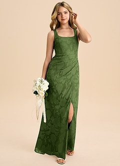 Azazie Mero Junior Olive Sheath Pleated Floral Burnout Dress image6