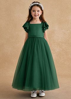 Azazie Suzy Blumenmädchenkleider A-Linie mit ärmel Tüll Kleid Dunkelgrün image2