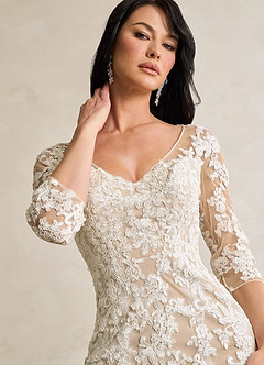 Azazie Neela Wedding Dresses Diamond White Sand Mermaid V-Neck Lace Tulle Dress image6