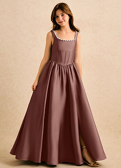Azazie Enid Girls Formal Flower Girl Dresses Espresso A-Line Beaded Stretch Satin Dress image1