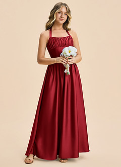 Azazie Kyrie Junior Scarlet A-Line Pleated Stretch Satin Dress image3