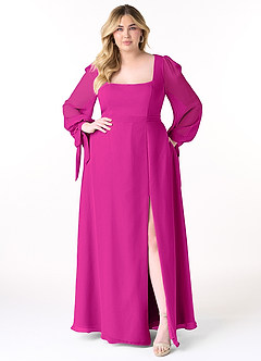 Azazie Leonia Jurken voor bruidsmeisjes Jurk van Chiffon met A-Lijn Lange mouw Fuchsia image11