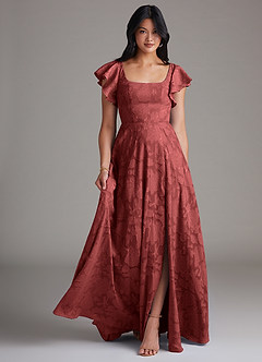 Azazie Bondi Bridesmaid Dresses Terracotta A-Line Side Slit Floral Burnout Dress image1
