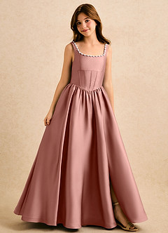 Azazie Enid Girls Formal Blomsterpigekjoler A-Line Perlebesat Stræk satin Gulv-længde Kjole image1