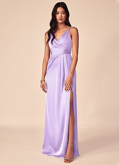 Azazie Aqua Bridesmaid Dresses Lilac A-Line V-Neck Pleated Stretch Satin Dress image1