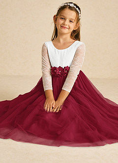 Azazie Mae vestidos de niña de las flores Vestido de Marfil Burdeos de Tul de Corte En A con Lazo image1