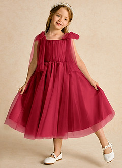 Azazie Dori Robe Demoiselle D'honneur Fillette Robe Trapèze en Tulle Rayé Écarlate image4