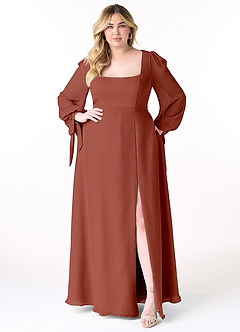 Azazie Leonia Bridesmaid Dresses Auburn A-Line Long Sleeve Chiffon Dress image11
