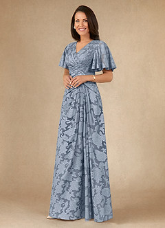 Azazie Emmeline Mère de la mariée Robes Robe Trapèze en Blumen-Burnout Plissée Bleu Poussiéreux image3