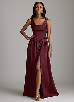 Azazie Novi Robes de demoiselle d'honneur Robe Trapèze en Satin extensible avec poches Cabernet image1