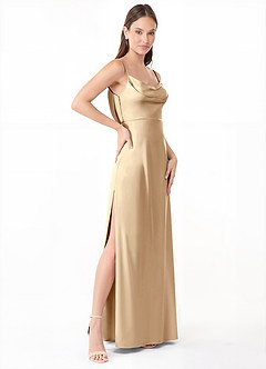 Azazie Alaija Bridesmaid Dresses Champagne Mermaid Side Slit Stretch Satin Dress image3