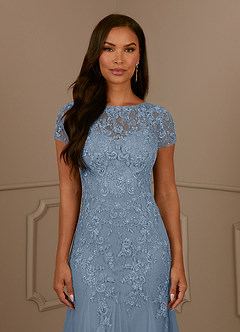 Azazie Laurie vestidos de madre de la novia Vestido de Azul Polvoriento de Tul de Sirena con Scoop Lentejuelas image7