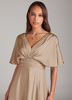 Azazie Pamela Bridesmaid Dresses Taupe A-Line Pleated Stretch Satin Dress image5
