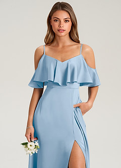 Azazie Jean Bridesmaid Dresses Powder Blue A-Line Off the Shoulder Stretch Satin Dress image6