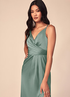 Azazie Aqua Robes de demoiselle d'honneur Robe Trapèze en Satin extensible Col V plissé Sauge D'argent image6