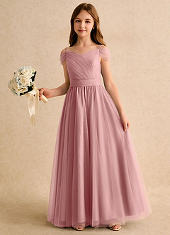 Azazie Yuna Girls Formal Abiti da Ragazza di Fiori Abito A-Line in Tulle Spalle Scoperte Rosa Polverosa image5