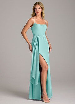 Azazie Tahlia Bridesmaid Dresses Aqua A-Line with Belt Chiffon Dress image3