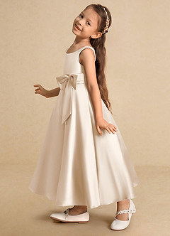 Azazie Lindy vestidos de niña de las flores Vestido de Alabastro Blanco de Satin Mate de Corte En A con Plisado image8