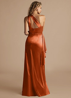 Azazie Maive Bridesmaid Dresses Burnt Orange Sheath Ruched Metallic Satin Dress image3
