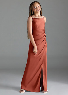 Azazie Leonis Junior Terracotta A-Line Pleated Stretch Satin Dress image3