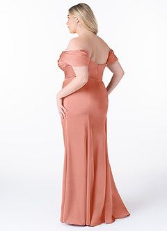 Azazie Amyra Bridesmaid Dresses Coral Sheath Off the Shoulder Stretch Satin Convertible Dress image12