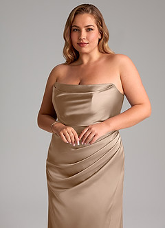 Azazie Leonis Brautjungfernkleider Wandelbar Meerjungfrau-Linie Plissee Stretch-Satin Kleid Taupe image11