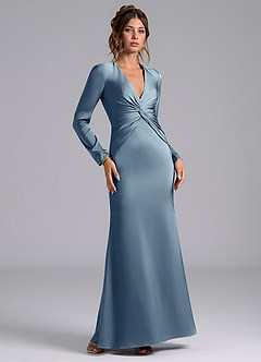 Azazie Valerie Bridesmaid Dresses Dusty Blue Mermaid Long Sleeve Stretch Satin Dress image1