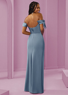Barbie ♥ Azazie Bridesmaid Dresses Dusty Blue Sheath Off the Shoulder Stretch Satin Convertible Dress image7