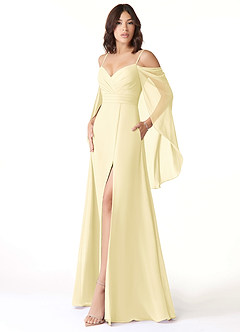 Azazie Cienna Vestidos de damas de honor Vestido de Sorbete De Limón de Gasa de Corte en A con Manga larga image4