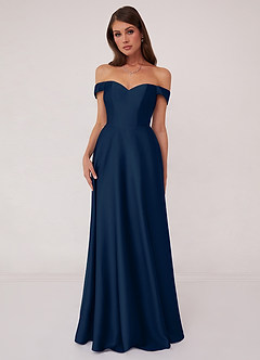 Barbie ♥ Azazie Bridesmaid Dresses Dark Navy A-Line Off the Shoulder Stretch Satin Convertible Dress image1