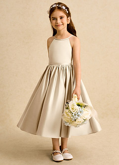 Azazie Indi vestidos de niña de las flores Vestido de Champán de Satin Mate de Corte En A con Lazo image4