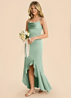 Azazie Magnolia Junior Agave Sheath Ruched Stretch Satin Dress image1