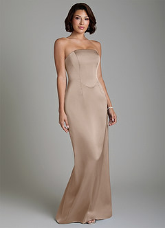 Azazie Fallyn Bridesmaid Dresses Taupe Sheath Corset Stretch Satin Dress image5