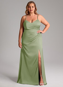 Azazie Azuree At-home Try On Dresses Dusty Sage A-Line Pleated Stretch Satin Dress image11