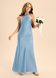 Azazie Doretta Junior Powder Blue A-Line Pleated Stretch Satin Dress image5