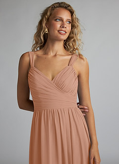 Azazie Aziza Bridesmaid Dresses Champagne Rose A-Line V-Neck Pleated Chiffon Dress image5