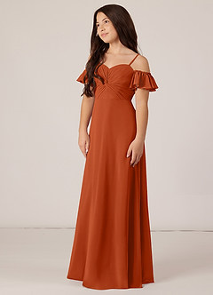 Azazie Juna Junior Robe Trapèze en Mousseline de soie Épaule décolletée Orange Brûlée image3