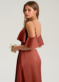 Azazie Jean Bridesmaid Dresses Terracotta A-Line Off the Shoulder Stretch Satin Dress image7