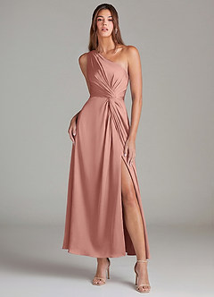 Azazie Brooke Suknie dla druhen Linia A Jedno ramię Satyna elastyczna Długość kostki Sukienka image1