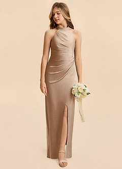 Azazie Jemma Junior Taupe Sheath Ruched Stretch Satin Dress image3