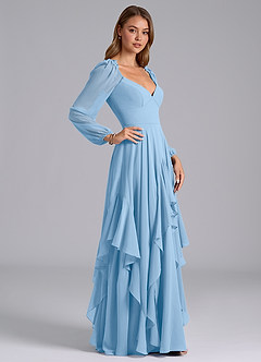 Azazie Karan Bridesmaid Dresses Powder Blue A-Line Long Sleeve Chiffon Dress image5