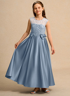 Azazie Candy Girl Jurken voor bloemenmeisjes Baljurk Jurk van Mat Satijn Boog Stoffig Blauw image4