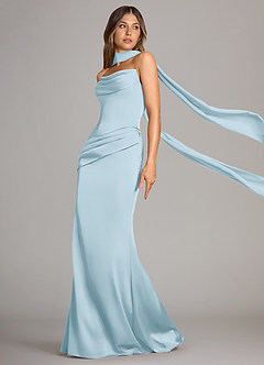Azazie Sorrel Vestidos de damas de honor Vestido de Azul Cielo de Satén Elástico de Corte Sirena Convertible con Sin tirantes image4