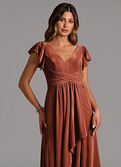 Azazie Omari Bridesmaid Dresses Terracotta A-Line Pleated Velvet Dress image2